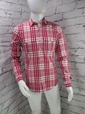 Burberry Men's Button Down Shirt Red Nova Check Soft lightweight Cotton Small